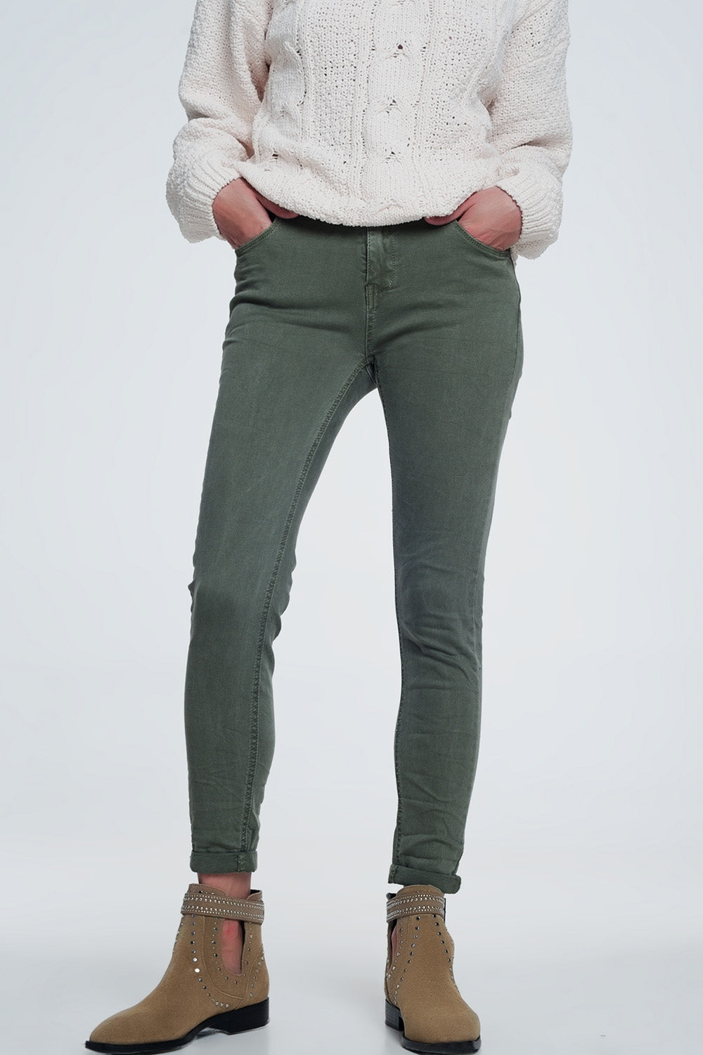 High Waist Skinny Jeans in Green with Pockets - Jeans