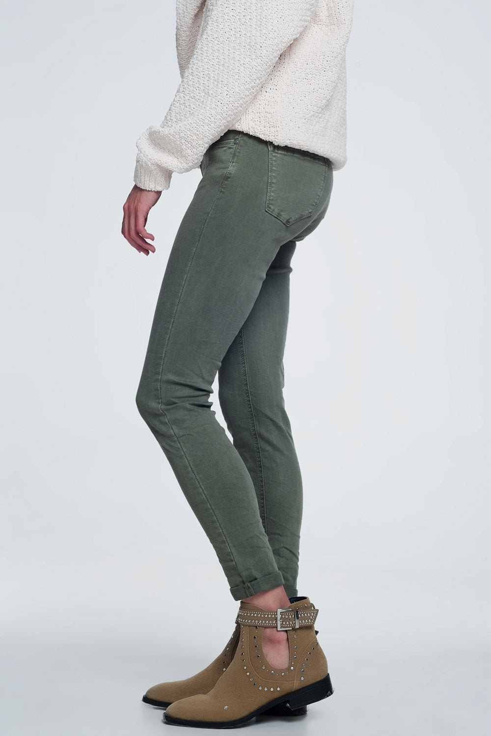 High Waist Skinny Jeans in Green with Pockets - Jeans