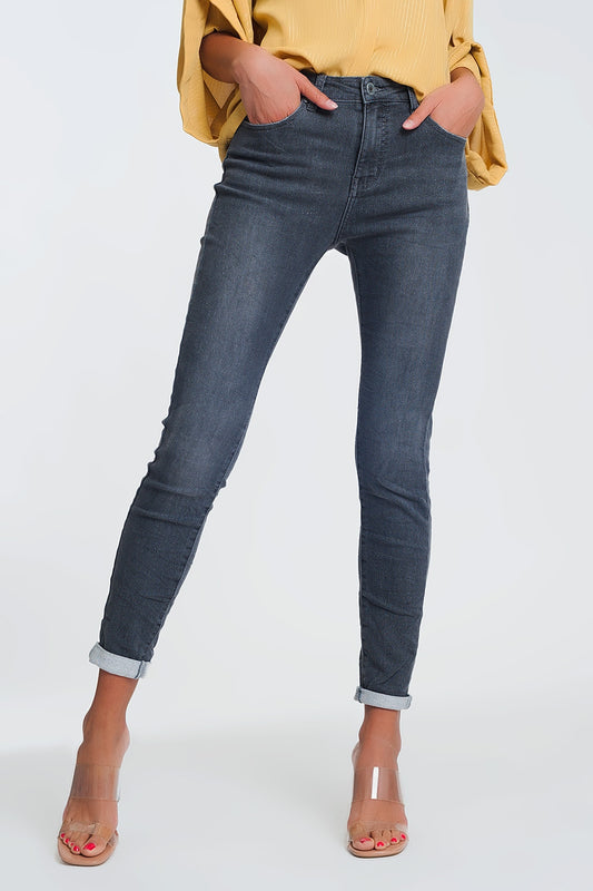 High Waisted Denim Jeans In Glitter Fabric - Jeans