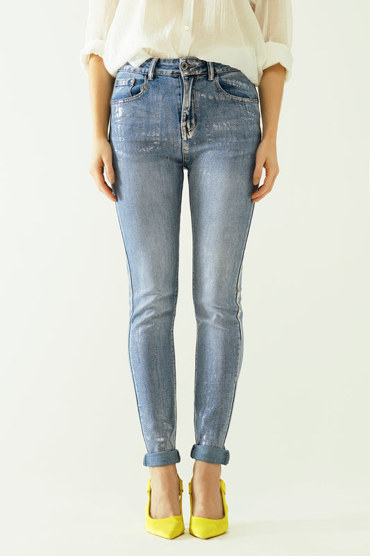High-waisted jeans with five pockets with silver powder-coated effect - Jeans