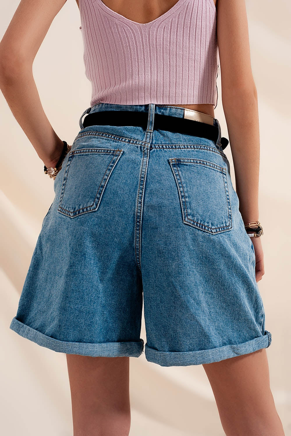 High waisted pleated denim shorts in mid wash Q2 Jeans BoutiqueLua