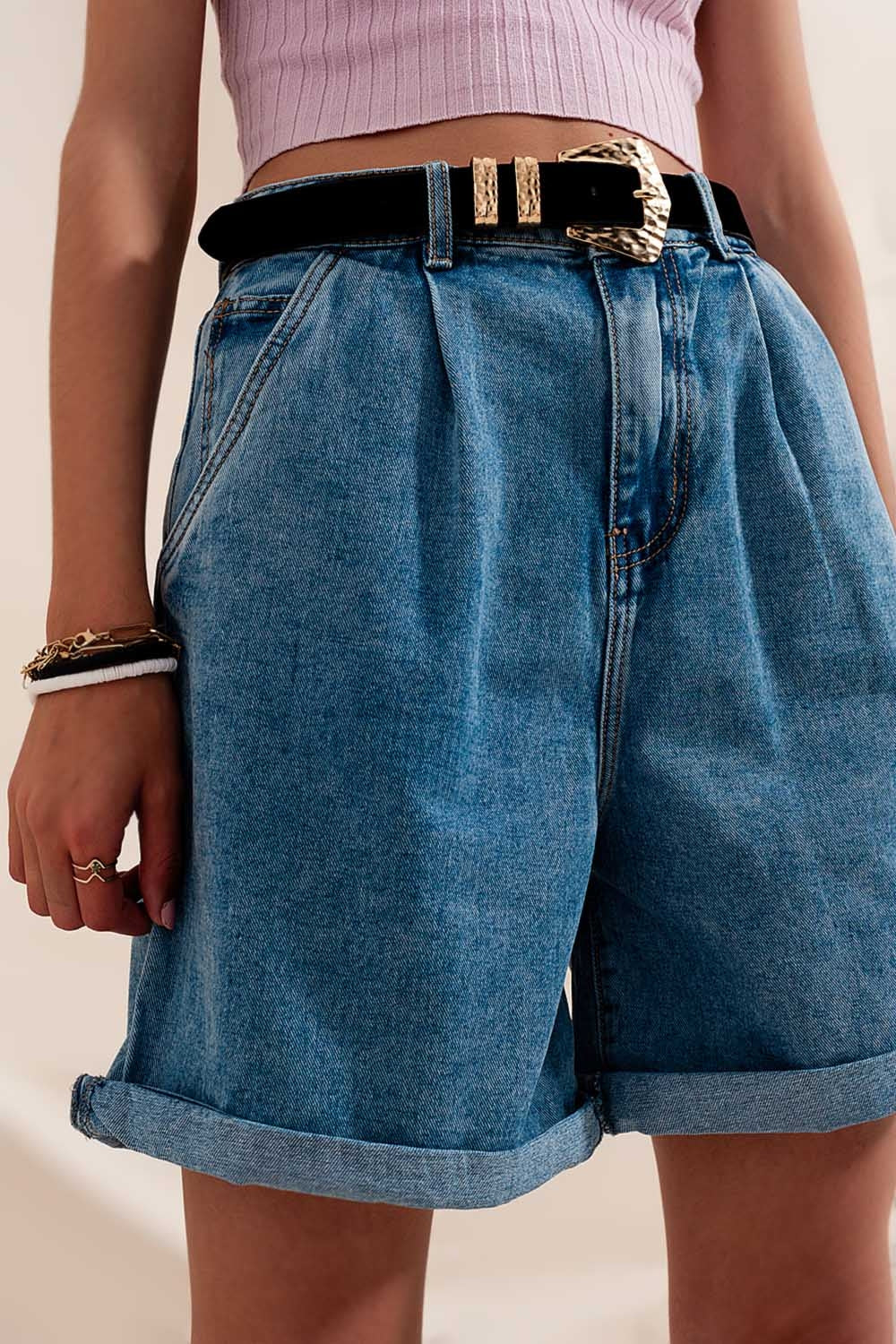 High waisted pleated denim shorts in mid wash Q2 Jeans BoutiqueLua
