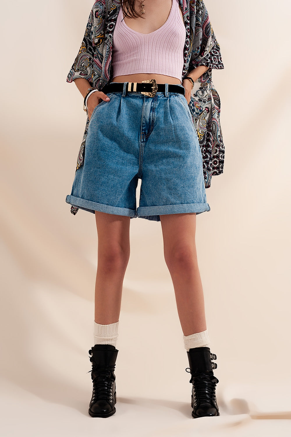 High waisted pleated denim shorts in mid wash Q2 Jeans BoutiqueLua