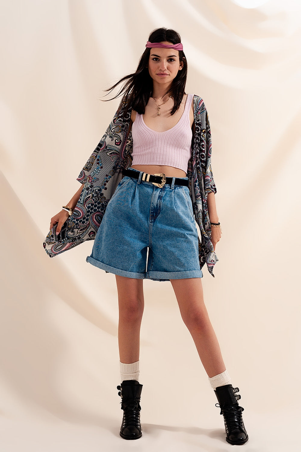 High waisted pleated denim shorts in mid wash Q2 Jeans BoutiqueLua