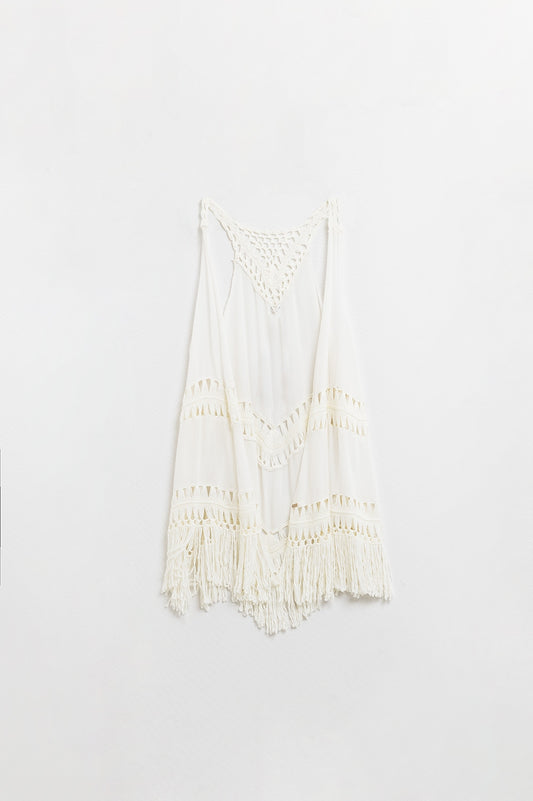 Ivory Crochet Fringed Kimono - Coats and Jackets