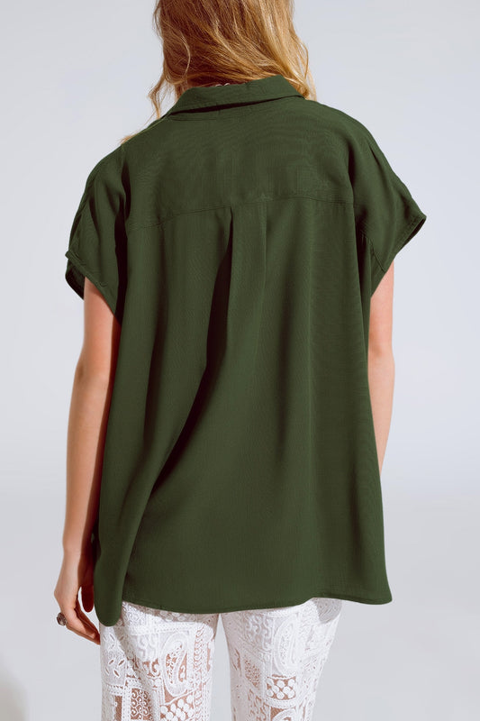 Khaki Button Up Blouse With Polo Collar - Blouses
