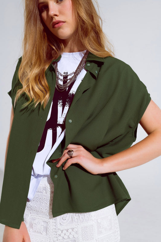 Khaki Button Up Blouse With Polo Collar - Blouses