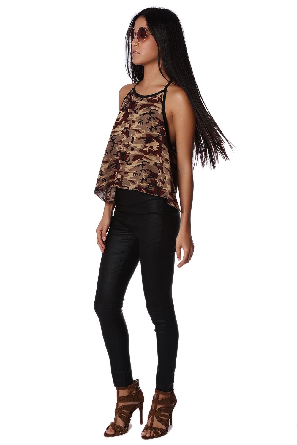 Khaki camo print dip hem top - Tops
