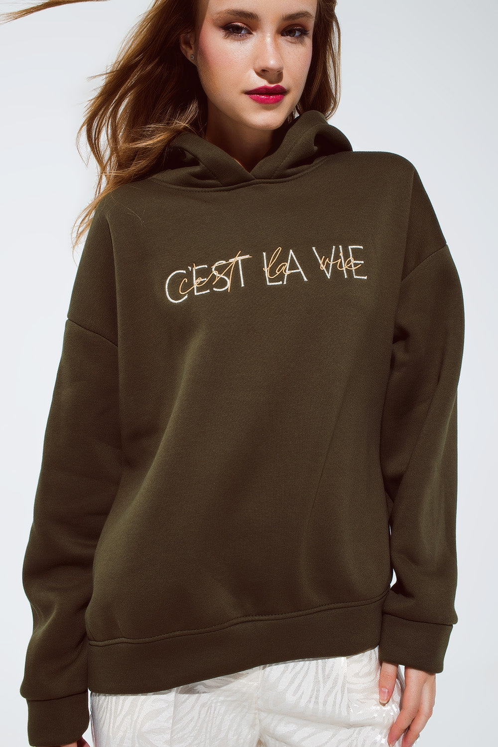Khaki color hoodie with embroidered Cest La Vie text Q2 Sweaters BoutiqueLua