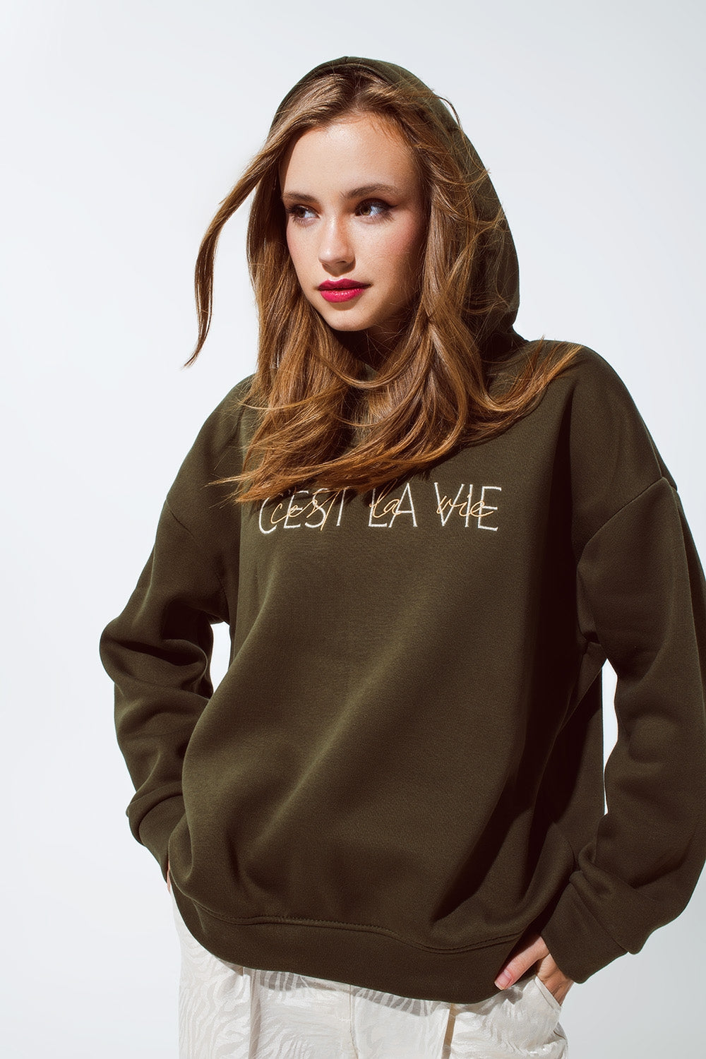 Khaki color hoodie with embroidered Cest La Vie text Q2 Sweaters BoutiqueLua