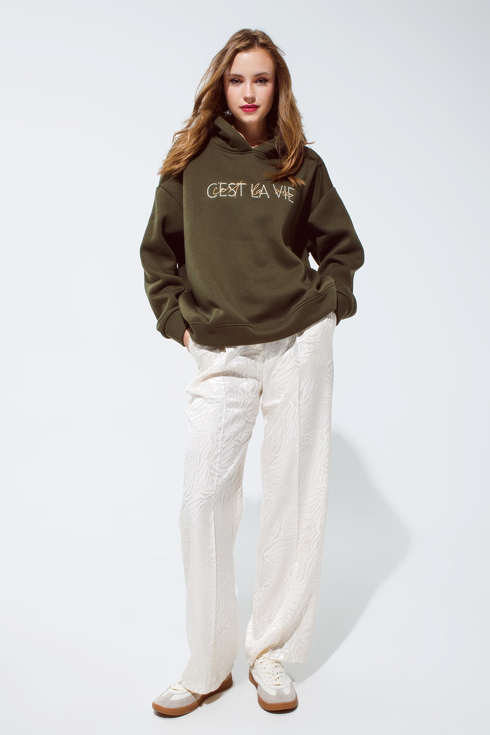 Khaki color hoodie with embroidered Cest La Vie text Q2 Sweaters BoutiqueLua