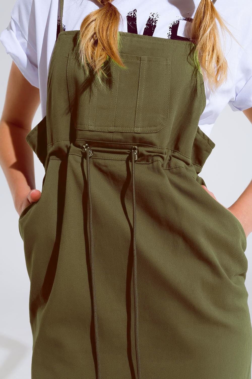 Khaki Denim Overall Dress With Chest Pocket and Drawstring Waist Q2 Dresses BoutiqueLua