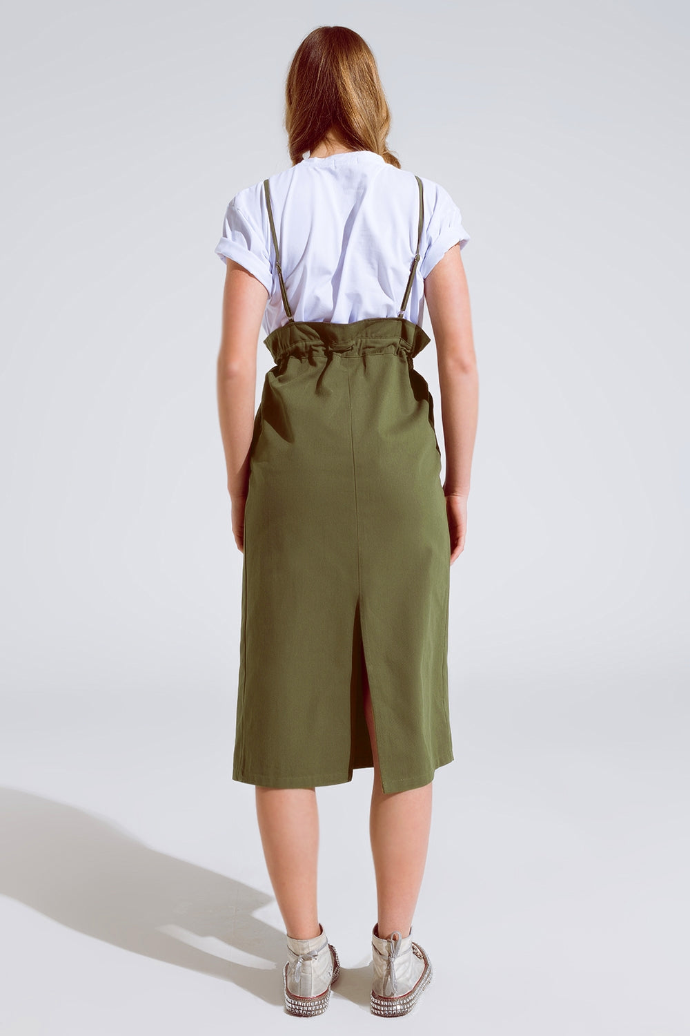 Khaki Denim Overall Dress With Chest Pocket and Drawstring Waist Q2 Dresses BoutiqueLua