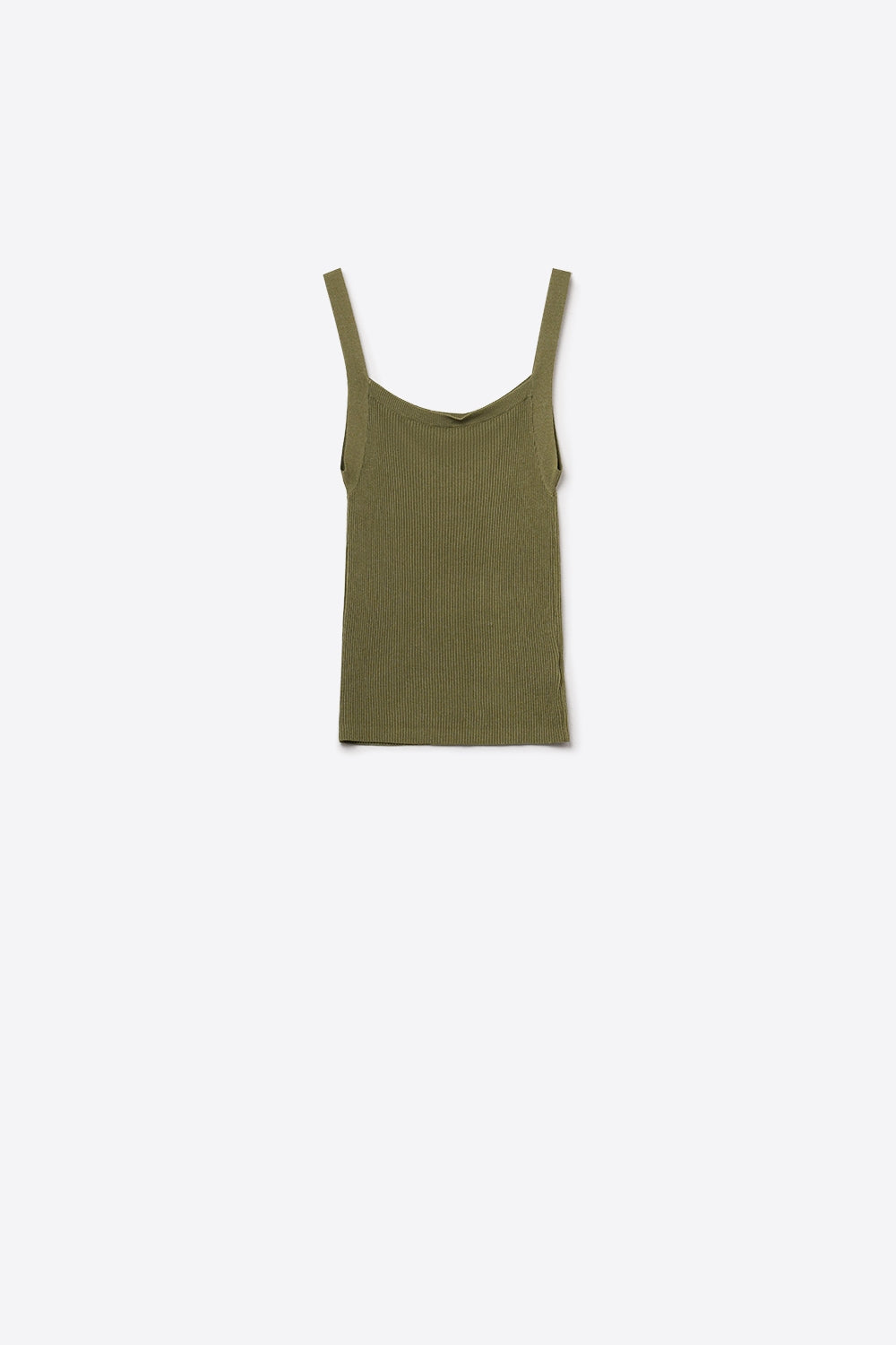 Khaki Green Ribbed Knit Top with Wide Straps - Tops