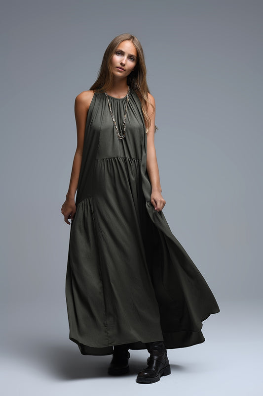 Khaki Halter Neck Maxi Dress With Seam Detailing - Dresses