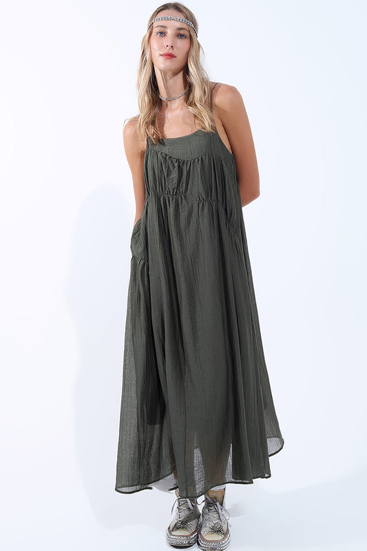 Khaki Midi Dress with Thin Straps and Crinkled Detail - Dresses