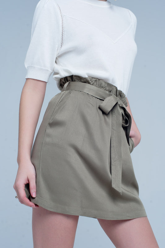 Khaki Mini Skirt With Bow Detail - Skirts