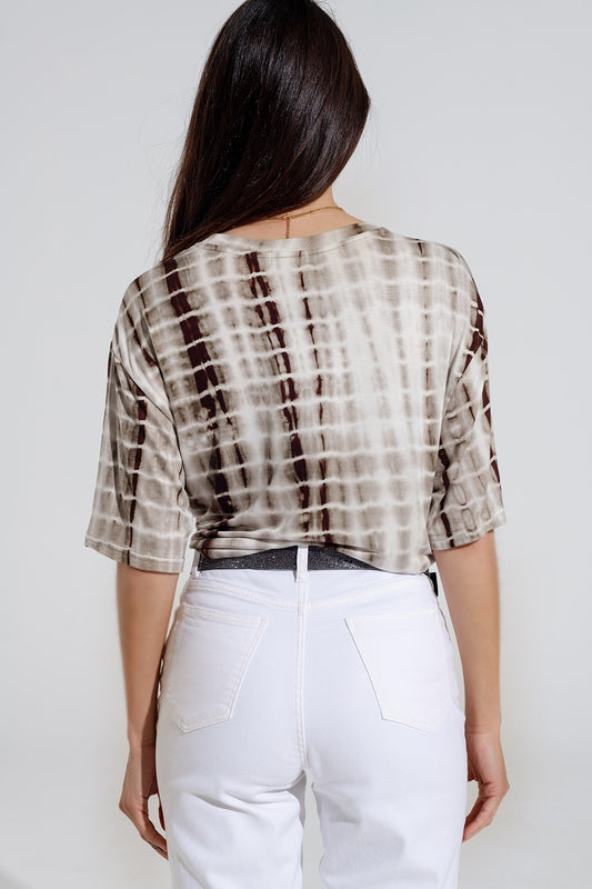 Khaki Tie Dye printed t-shirt with knot on the front - T-Shirts