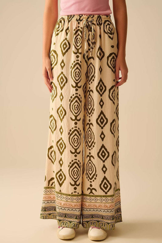 Khaki wide leg boho print pants - Pants