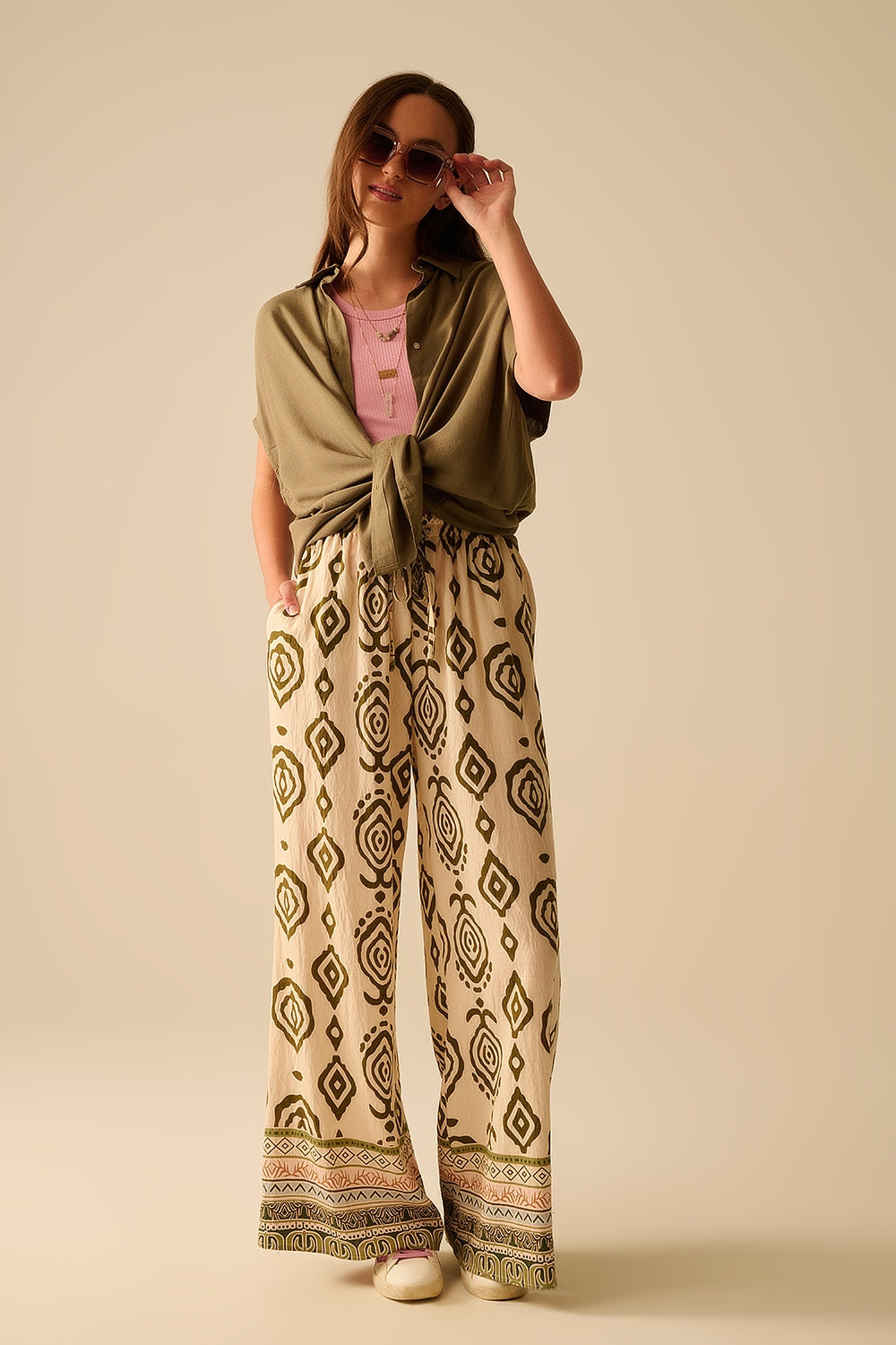 Khaki wide leg boho print pants