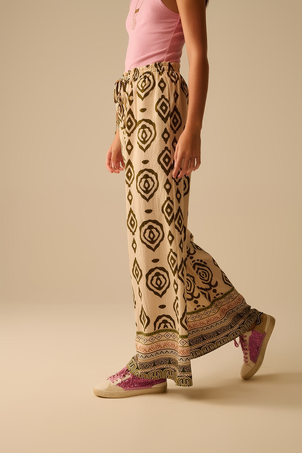 Khaki wide leg boho print pants