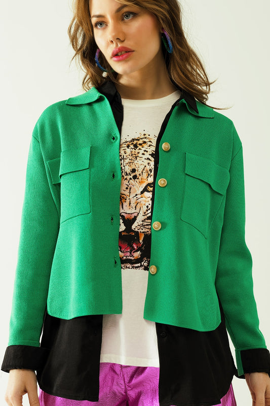 Knitted cardigan with chest pockes and golden buttons in green - Cardigans