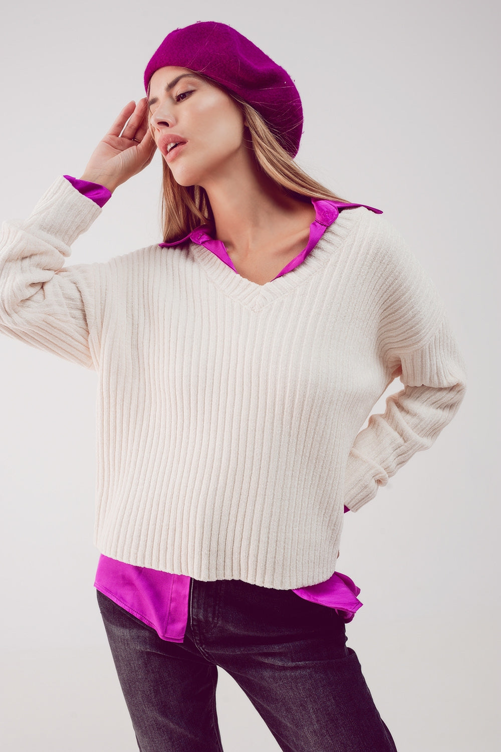 Knitted chenille jumper in cream Q2 Sweaters BoutiqueLua