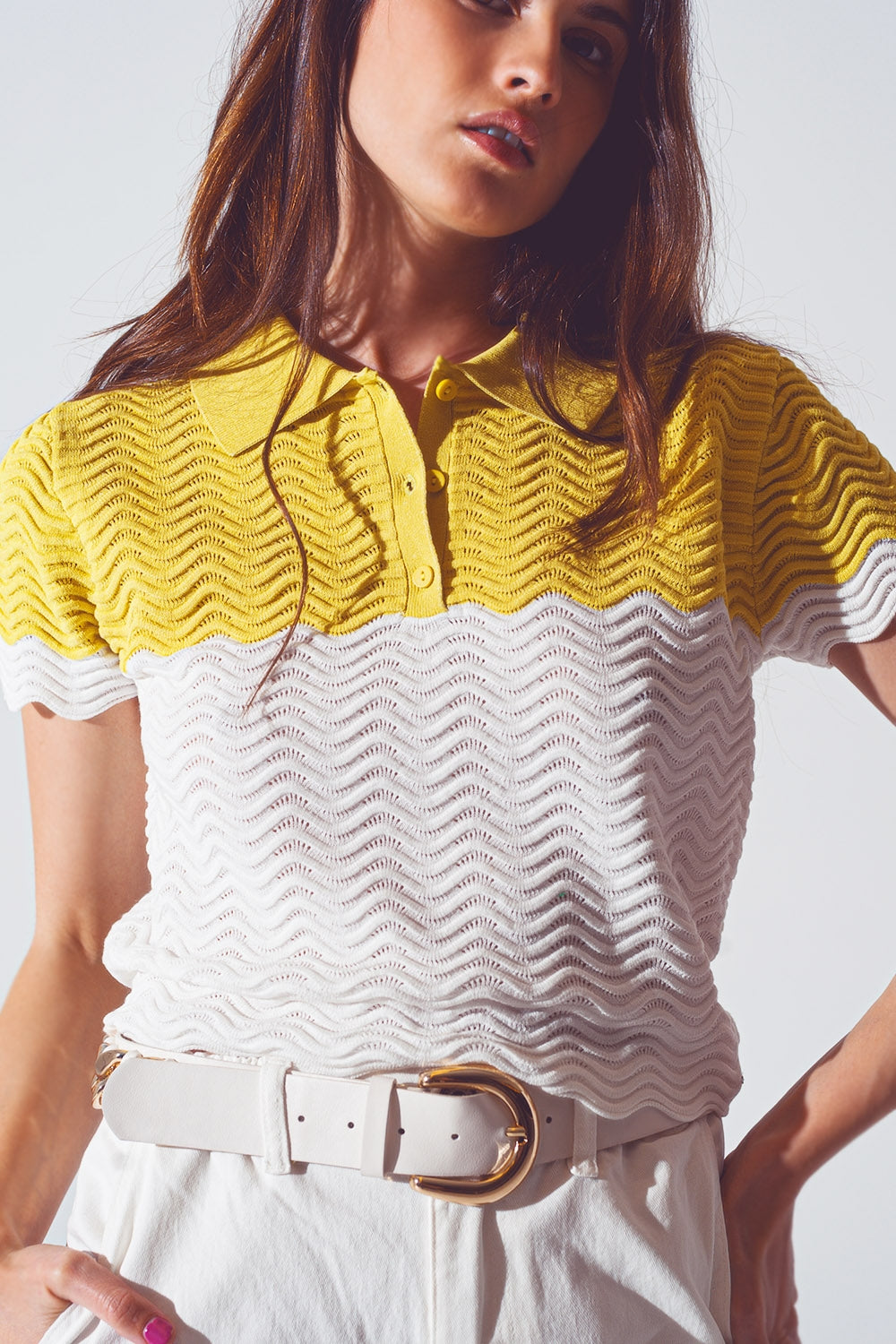 Knitted Colour Block Cropped Polo in White and Yellow Q2 Sweaters BoutiqueLua