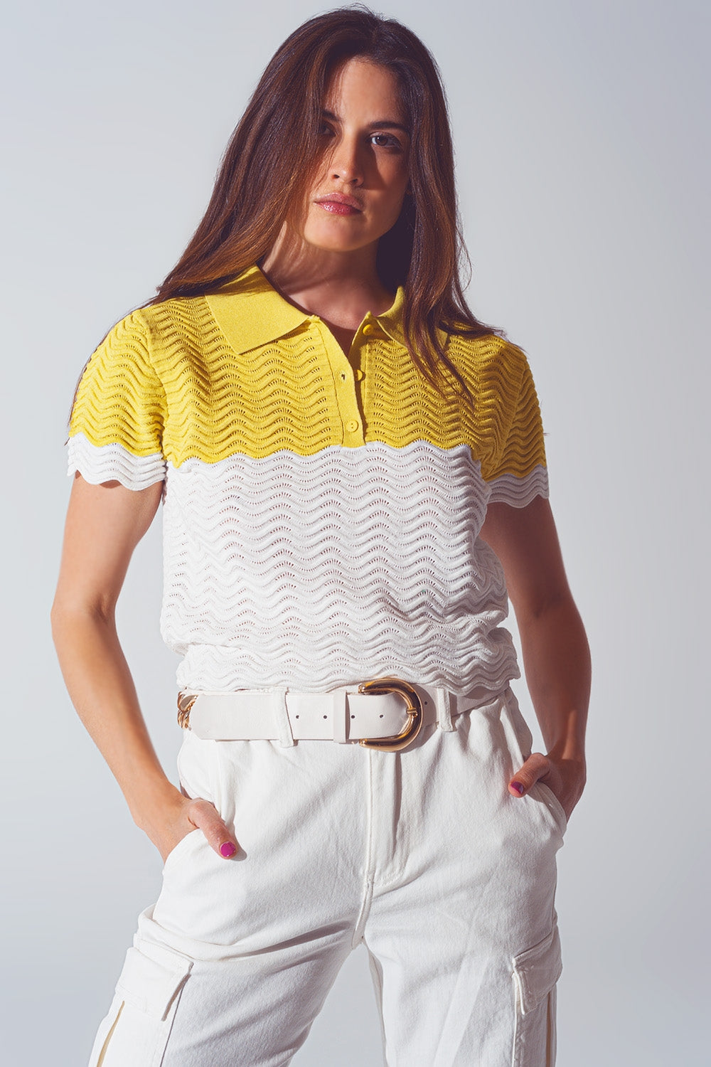 Knitted Colour Block Cropped Polo in White and Yellow Q2 Sweaters BoutiqueLua
