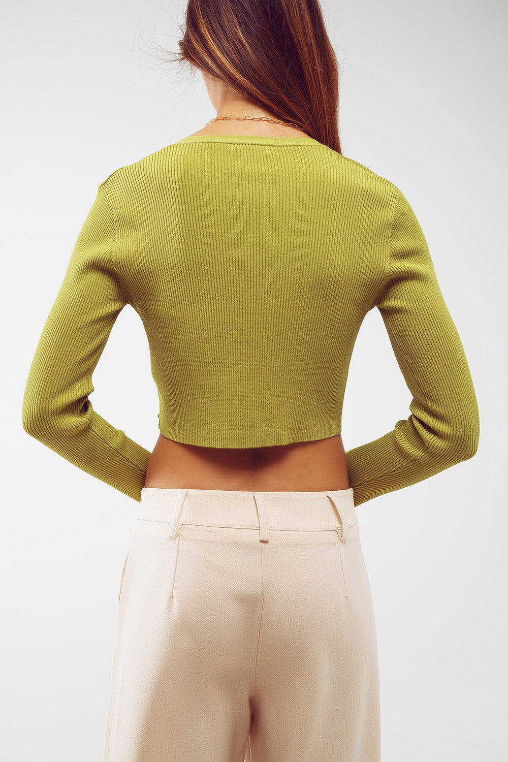 Knitted Cropped Cardigan in Green Q2 Sweaters BoutiqueLua
