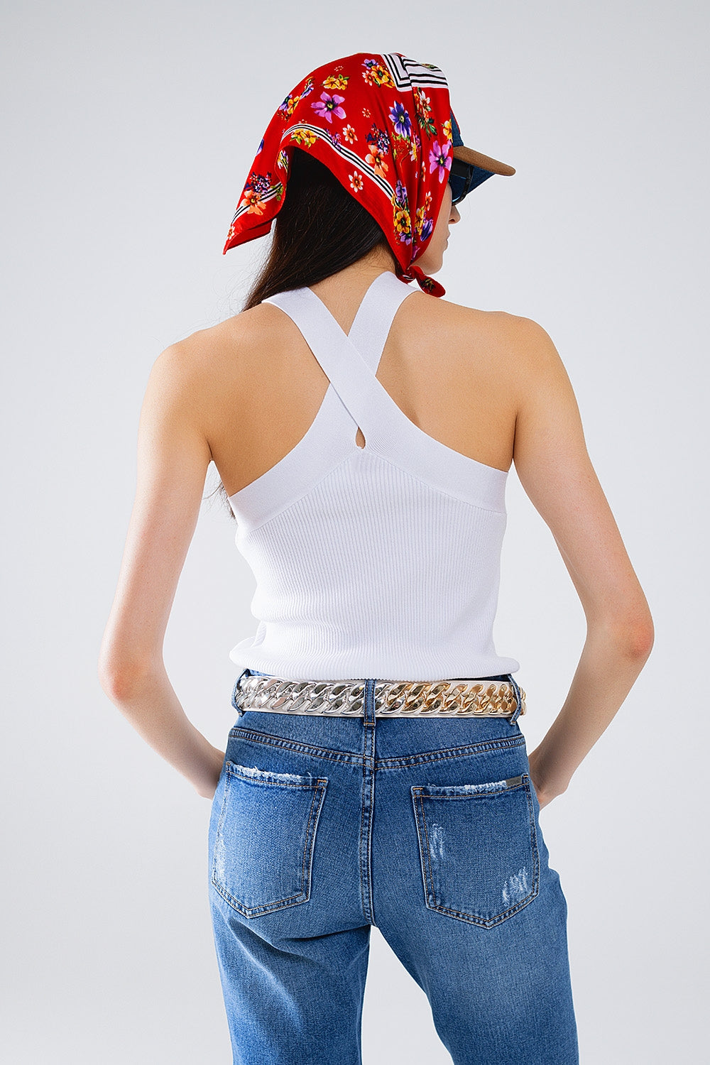 Knitted Cross Front Cropped Top in White - Jumpers