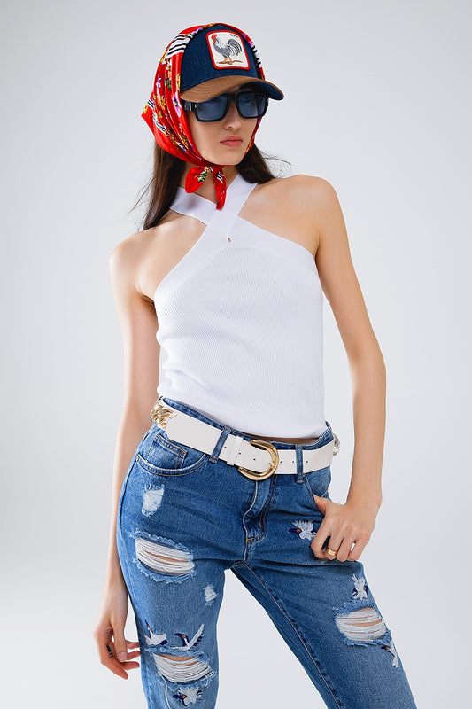 Knitted Cross Front Cropped Top in White - Jumpers
