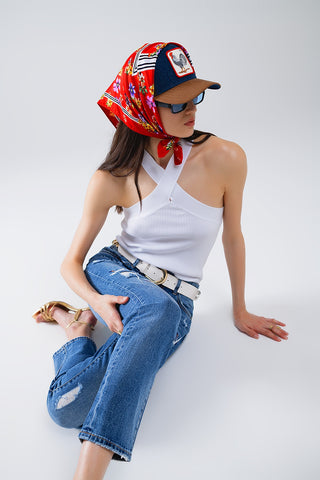 Knitted Cross Front Cropped Top in White