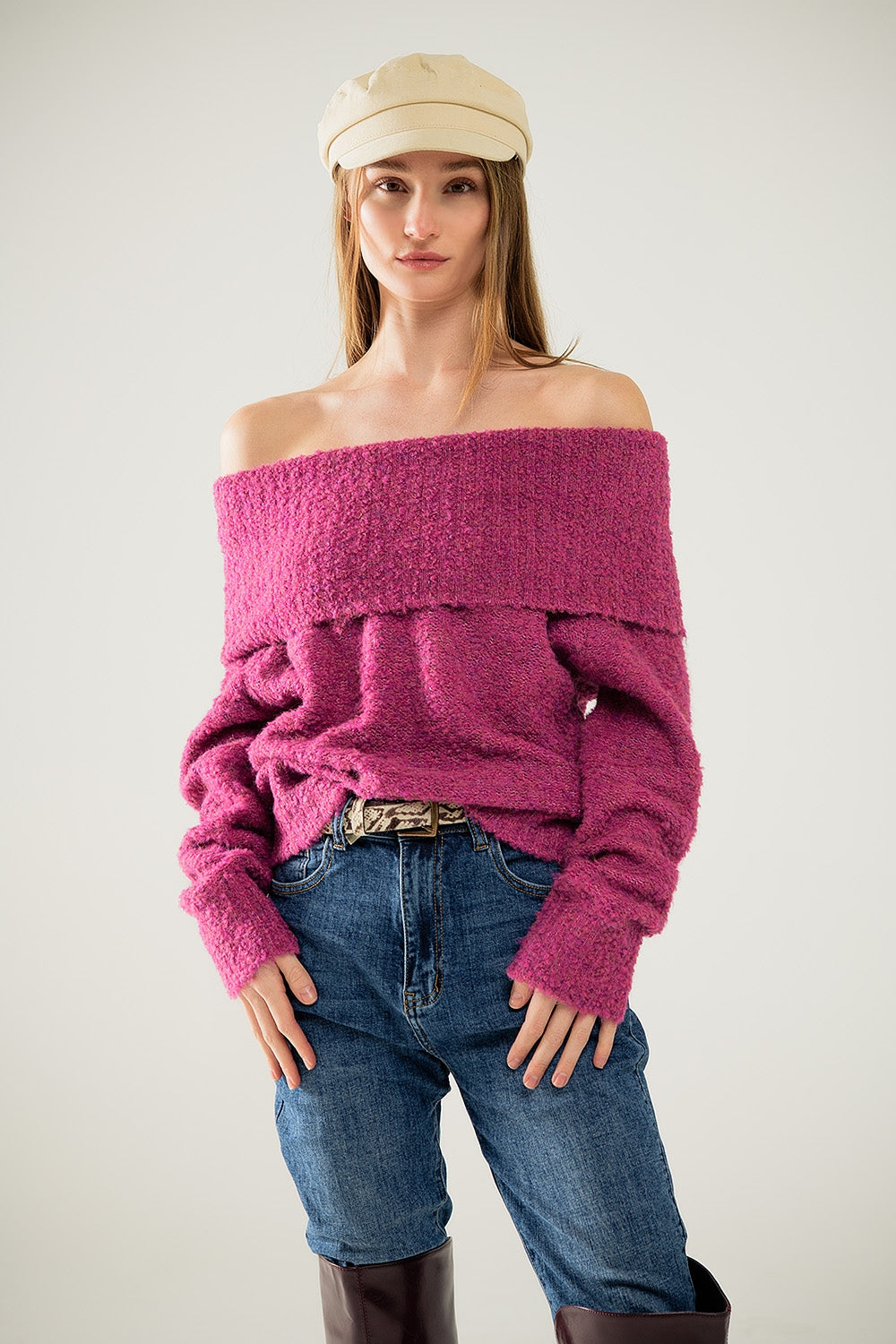 pull col bateau en tricot moelleux en fuchsia