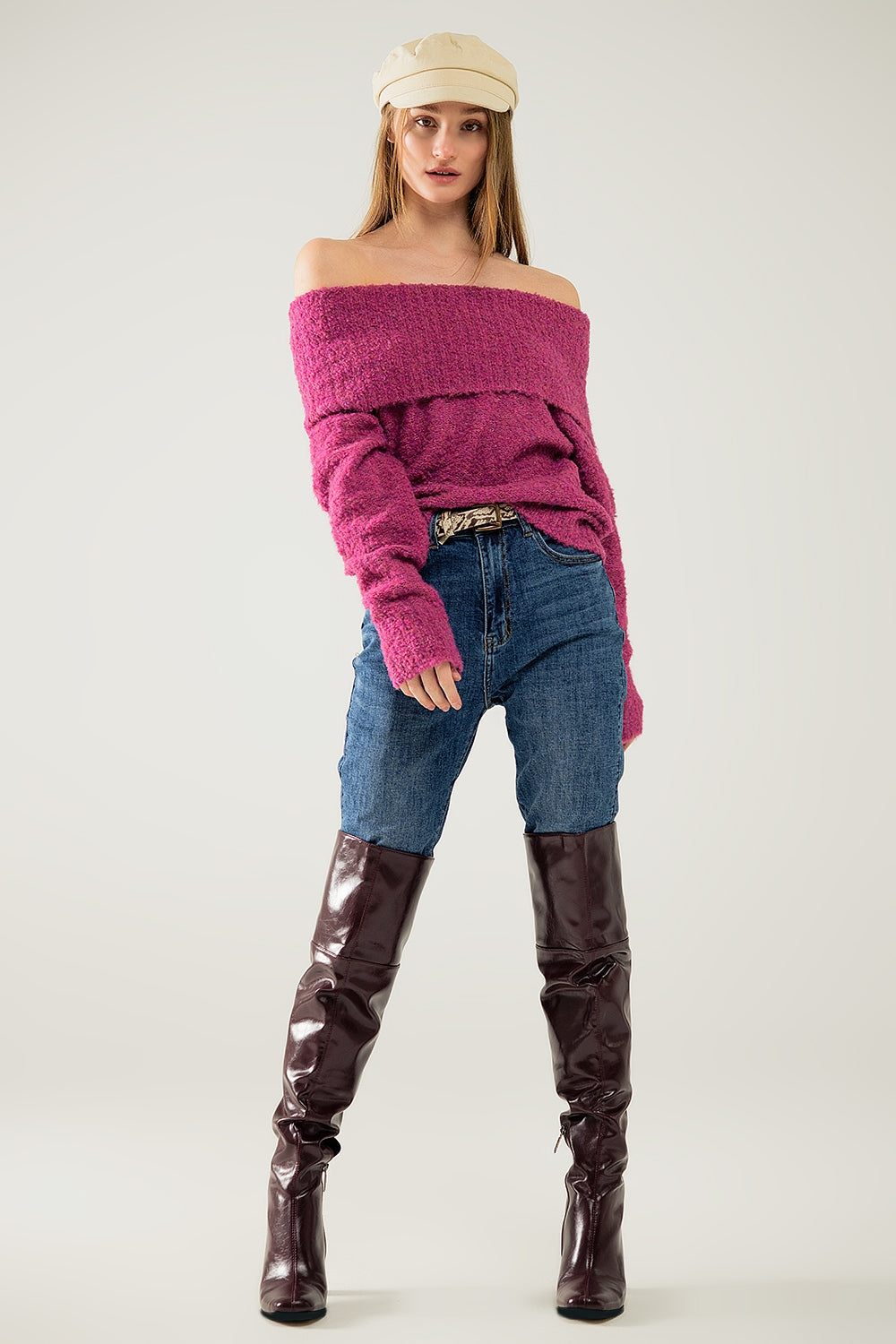pull col bateau en tricot moelleux en fuchsia
