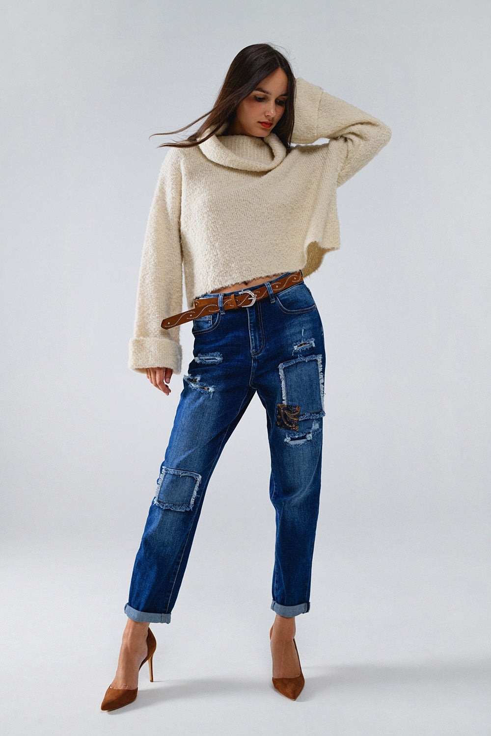 knitted fluffy high neck sweater in cream - Jumpers