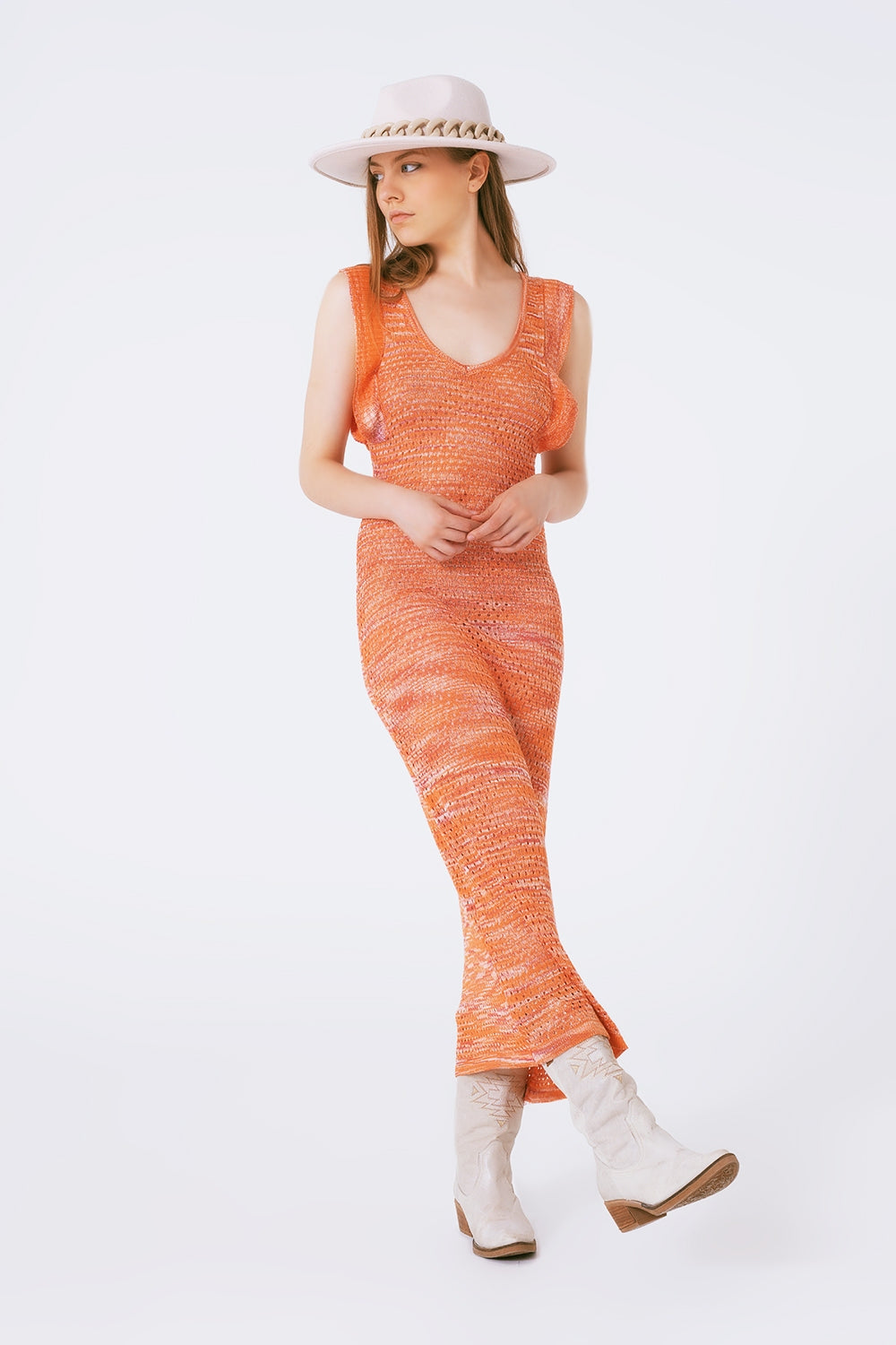Knitted Long Dress With Chest Ruffle in Melange Orange Q2 Dresses BoutiqueLua