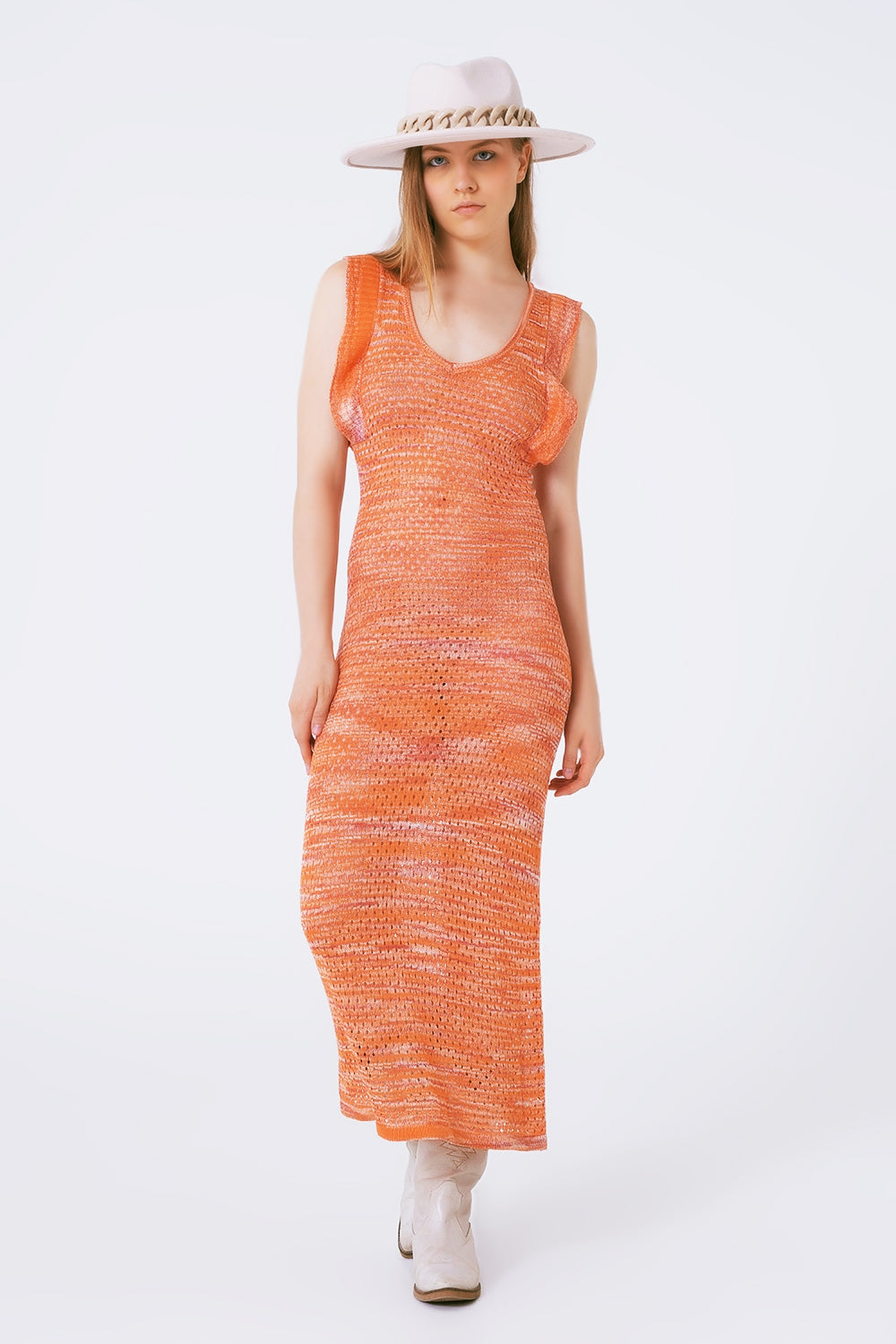 Knitted Long Dress With Chest Ruffle in Melange Orange Q2 Dresses BoutiqueLua