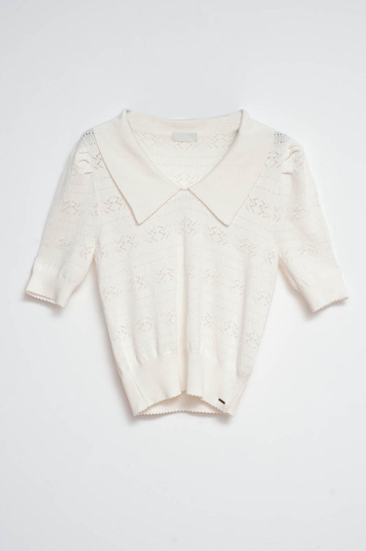 Knitted pointelle polo neck jumper in cream - Polos