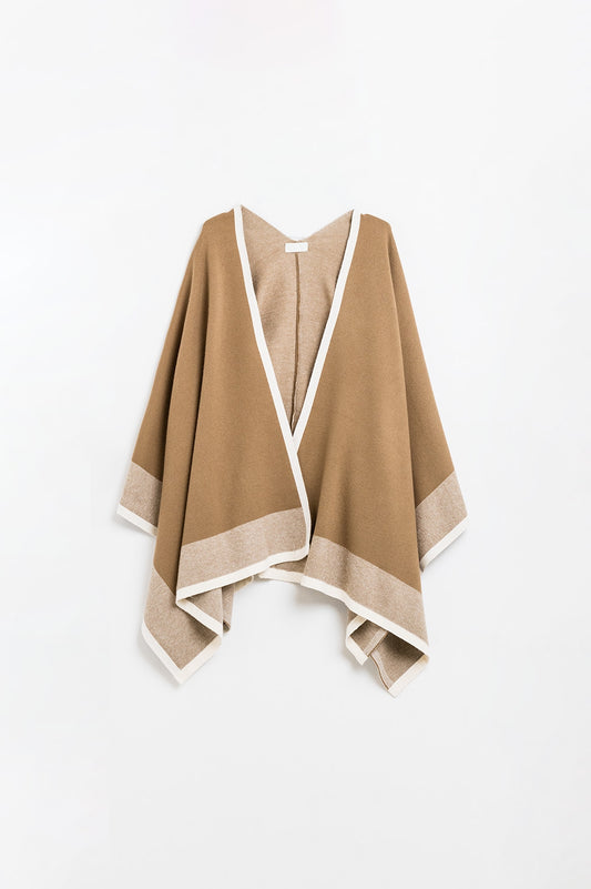Knitted poncho in camel with ecru trim - Ponchos