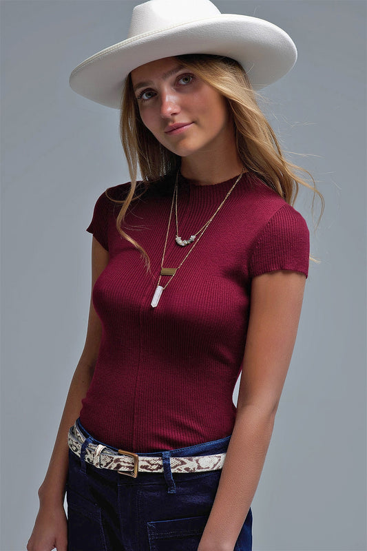 Knitted Rib Featherweight Tuckable sweater in Burgundy - Sweaters