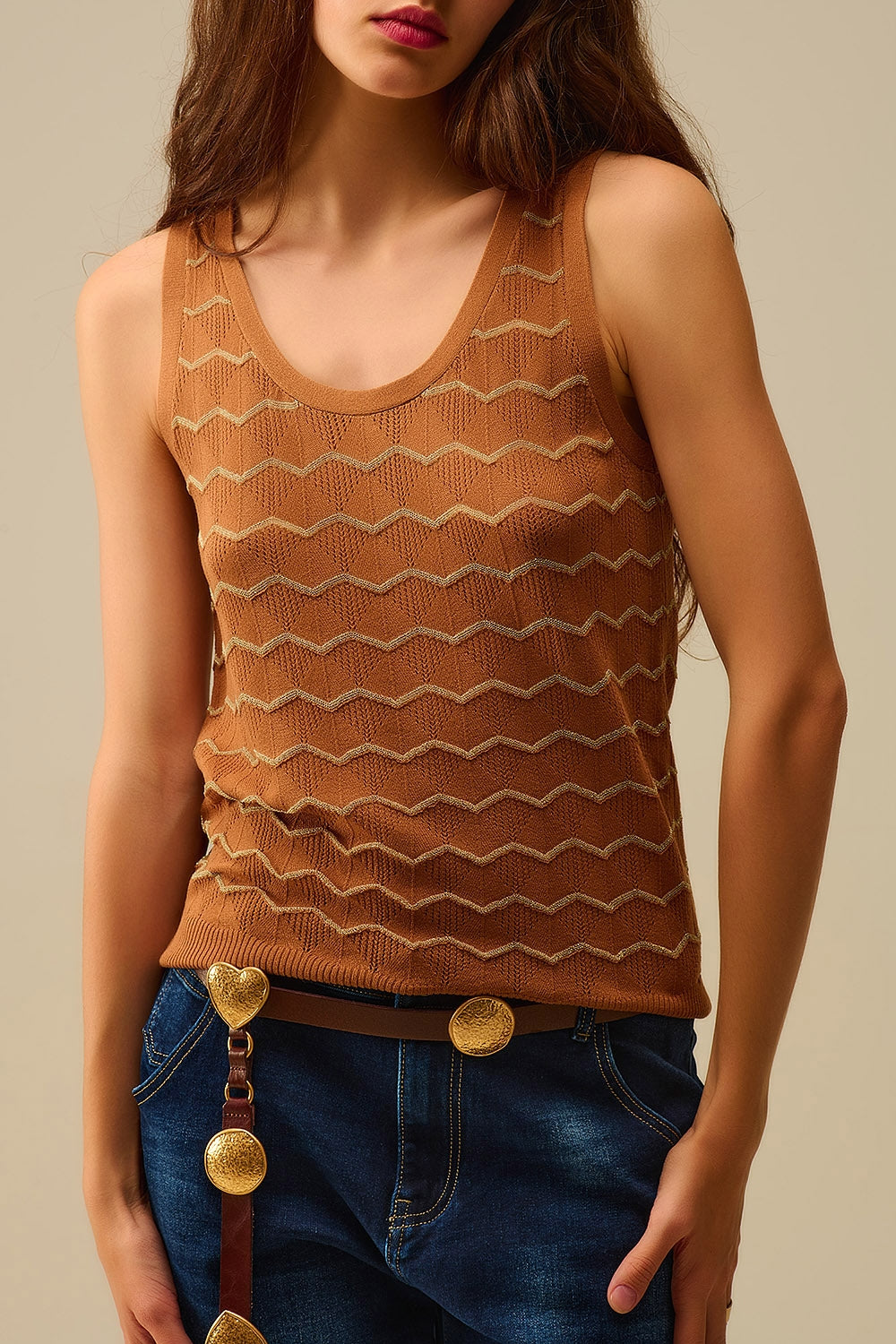 Knitted sweater with Golden Zigzag Pattern - Sweaters
