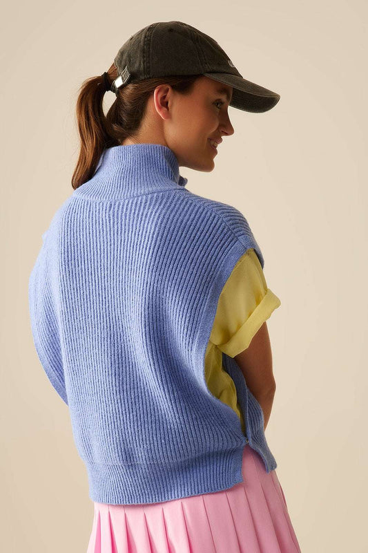 Knitted Vest With Half Zip Turtle Neck And Big Arm holes in blue - Vests