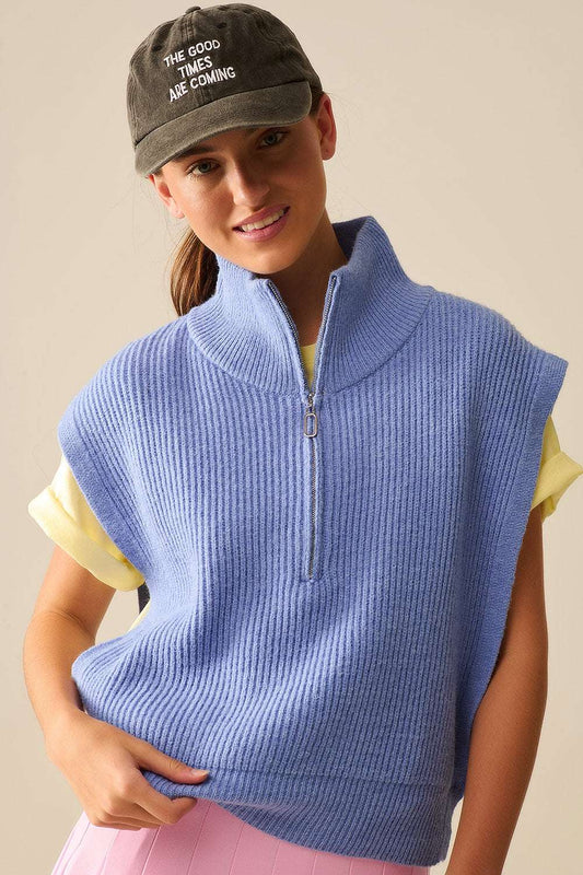 Knitted Vest With Half Zip Turtle Neck And Big Arm holes in blue - Vests