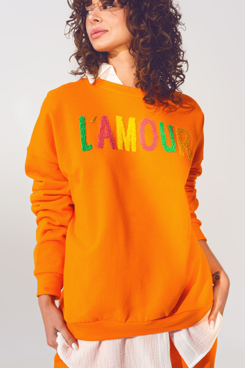 L'amour Text Sweater in Orange Q2 Sweaters BoutiqueLua