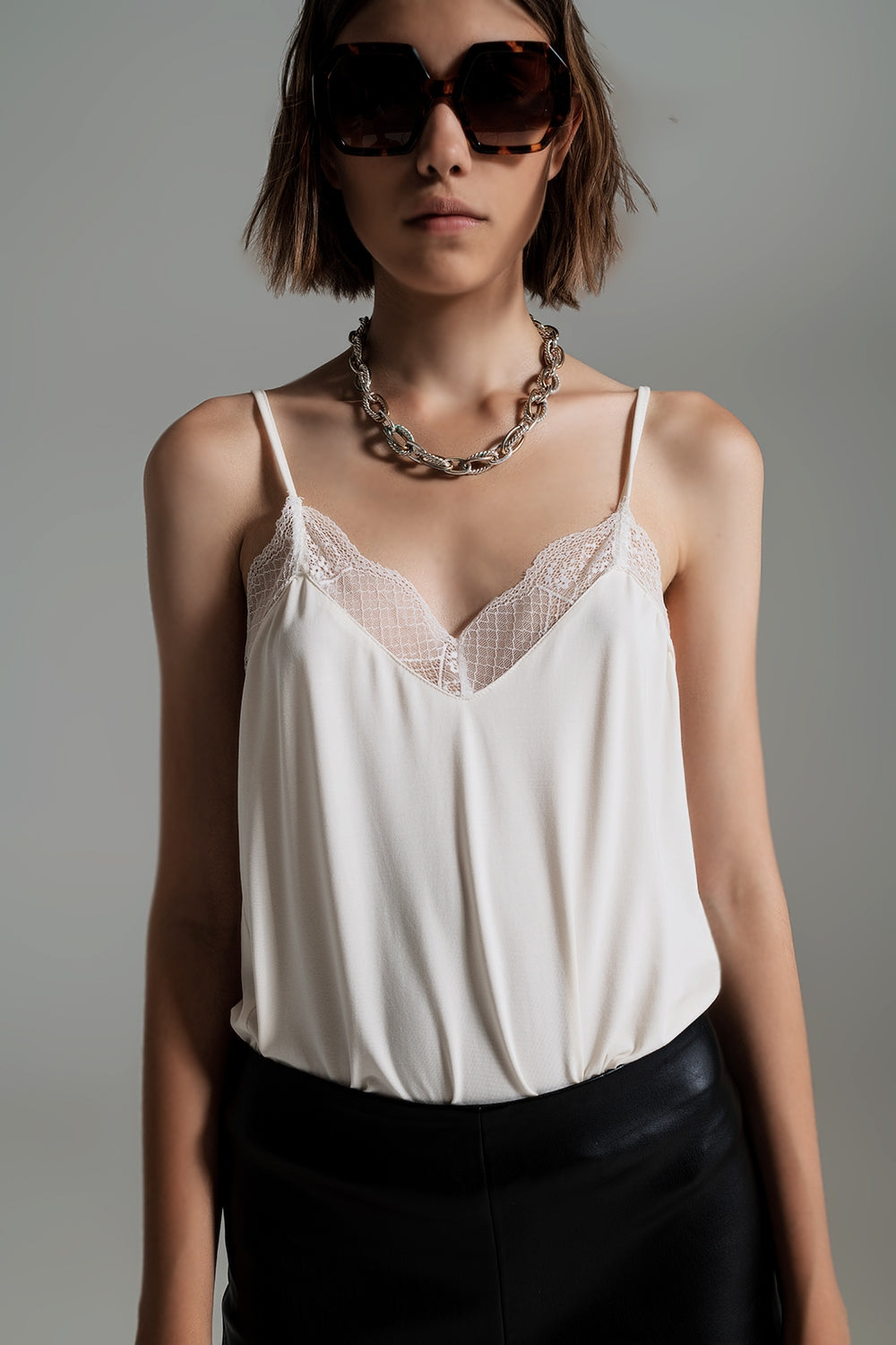 Lace detail cami top in cream - Tops