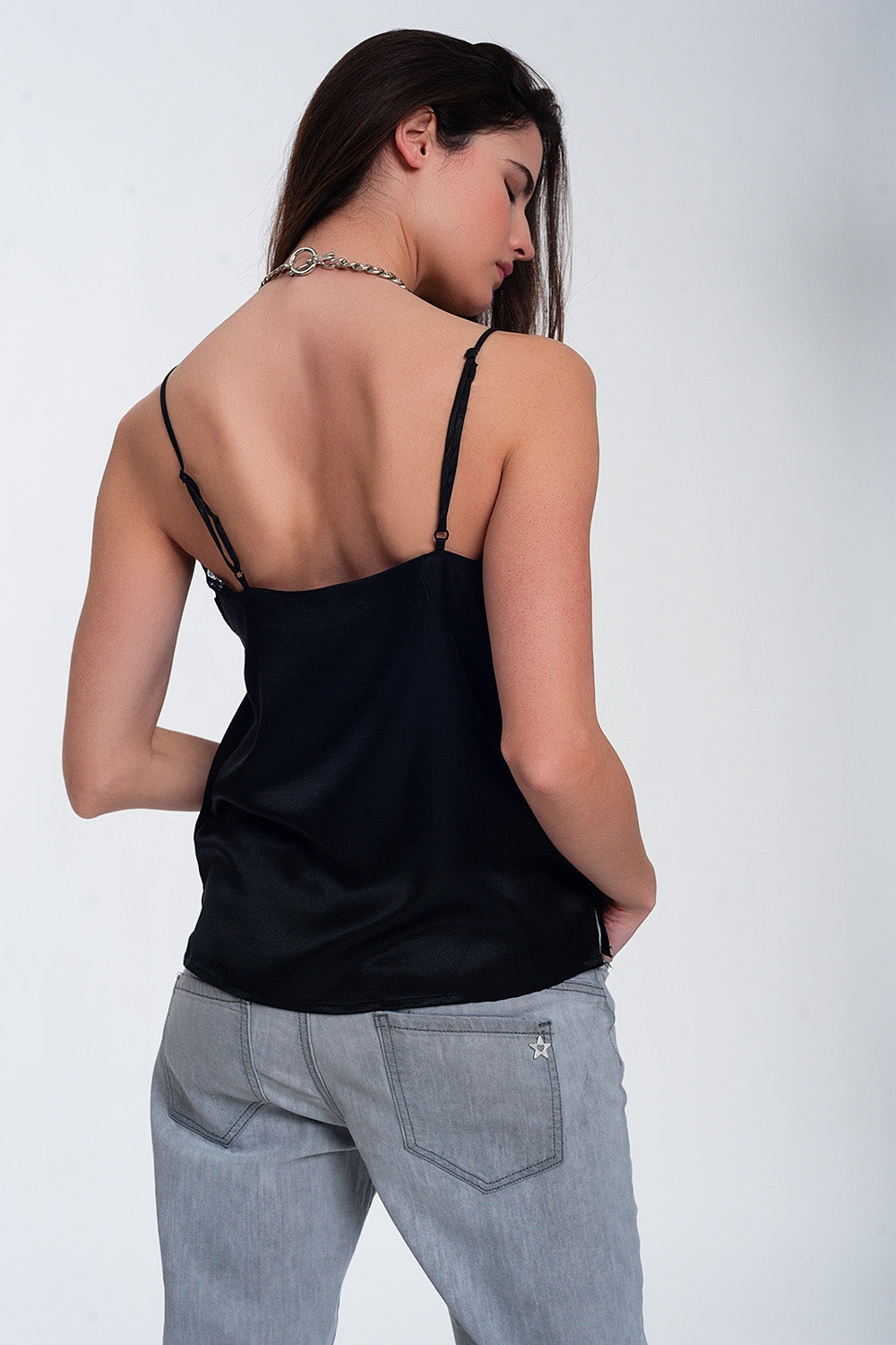 Lace insert satin cami top in black Q2 Tops BoutiqueLua