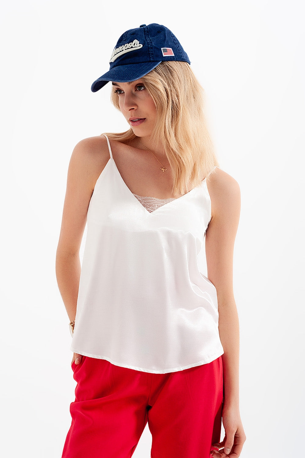 Lace insert satin cami top in white Q2 Tops BoutiqueLua