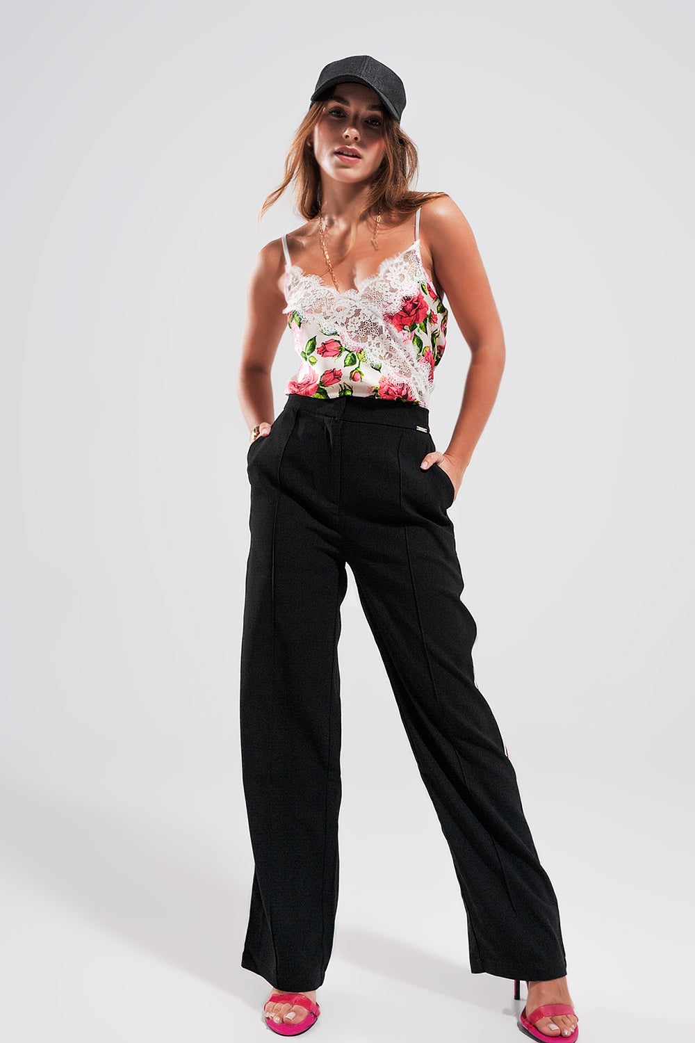 Lace trim satin cami in rose print Q2 Tops BoutiqueLua