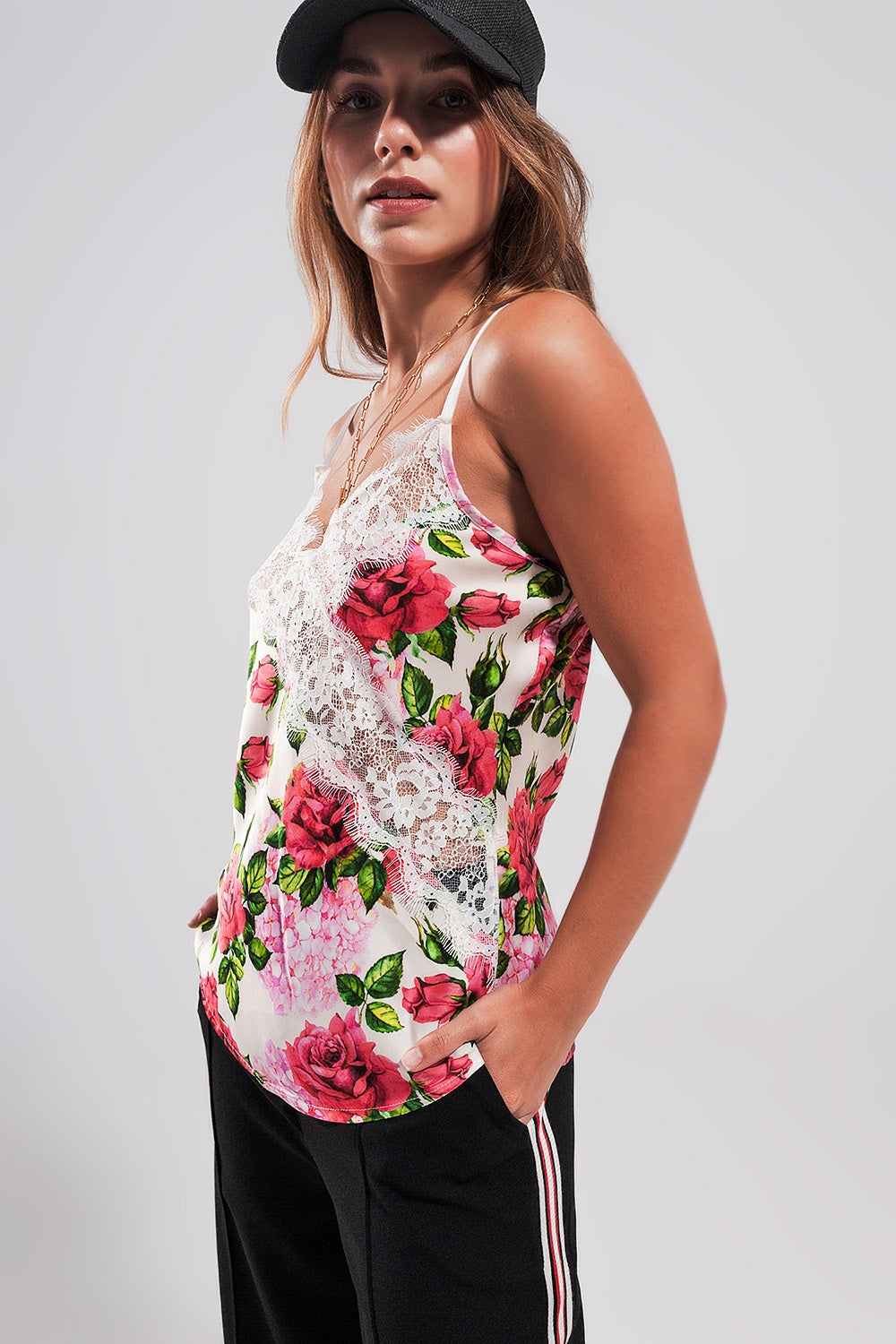 Lace trim satin cami in rose print Q2 Tops BoutiqueLua